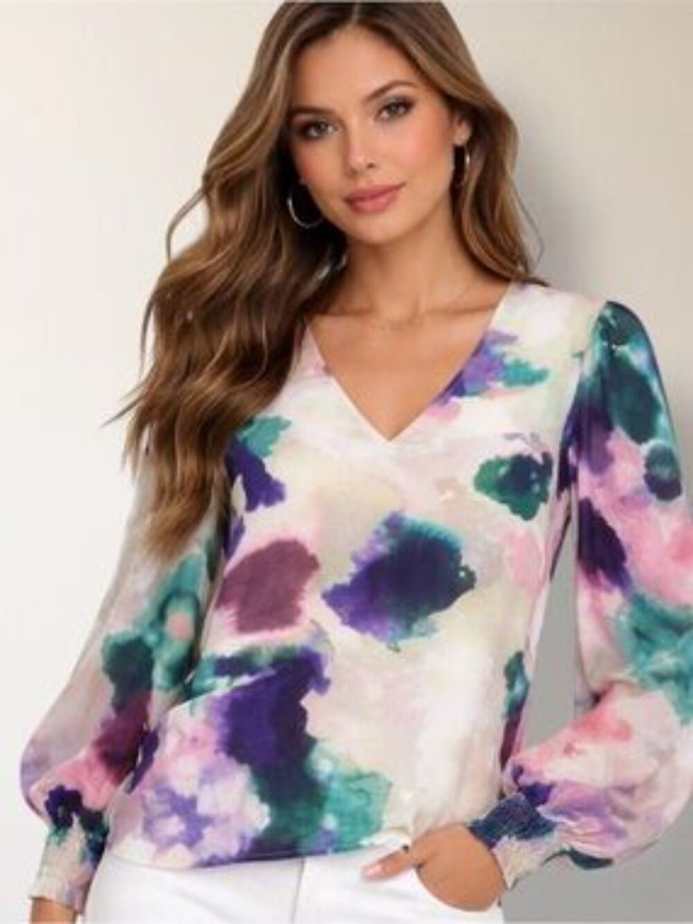 CAbi Mystic Blouse Top Aurora Floral Watercolor Green Purple